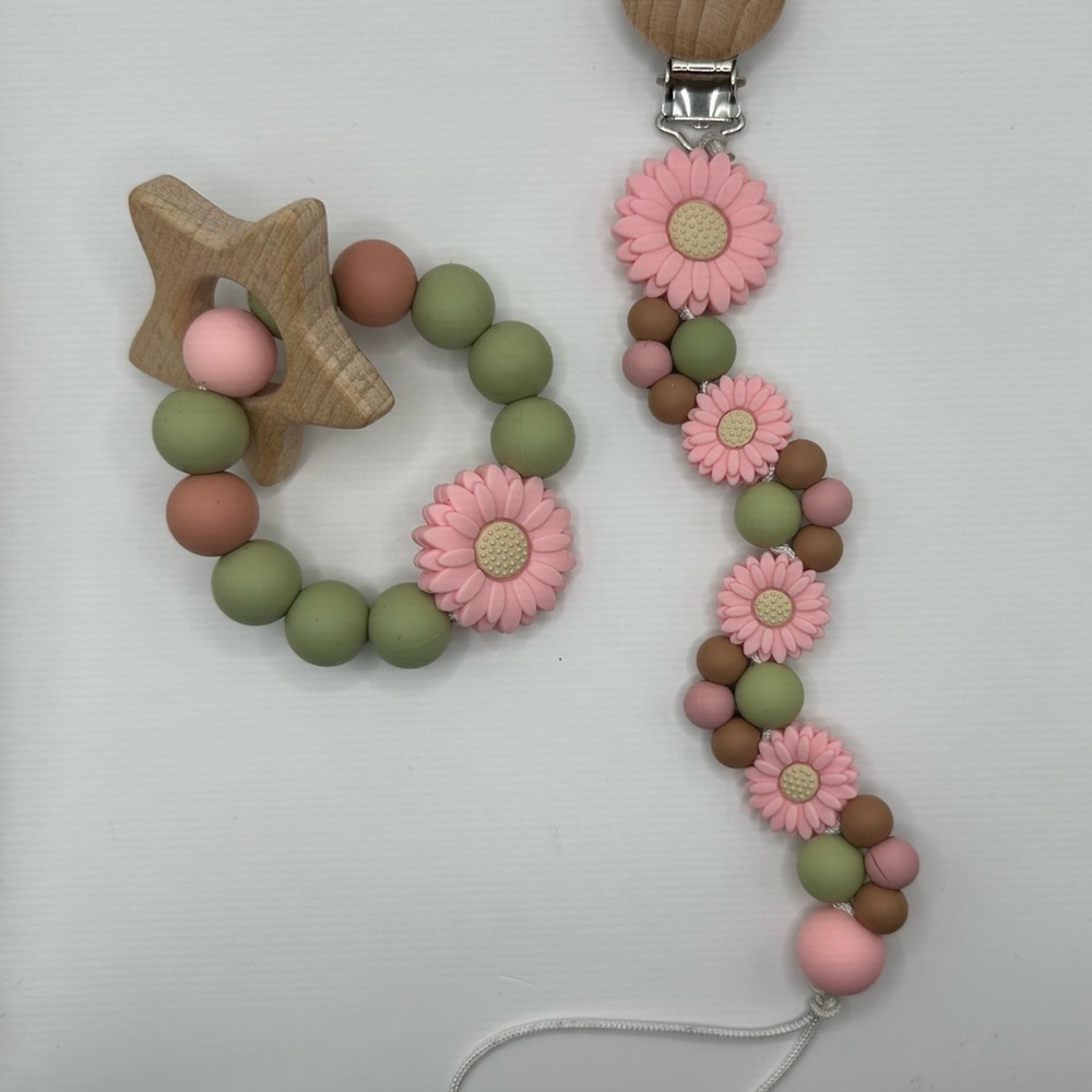 Pacifier Clip & Teething Ring SET with bonus wooden teether!
